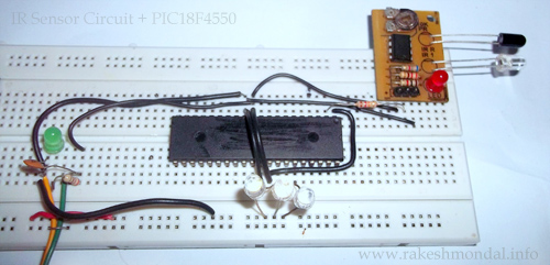 IR sensor circuit programmed with PIC18F4550 microcontroller as Digital Input pin