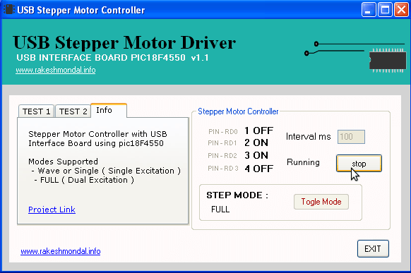 Application for controlling and driving USB Stepper Motor