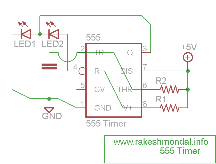 555 timer schematic for flashing and blinking  two LED alternatively 