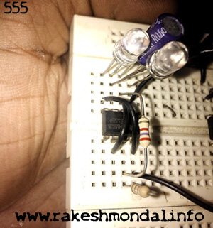 555 timer circuit on a breadboard topview